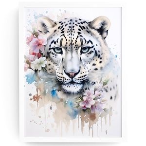 Watercolor Snow Leopard Portrait Wall Art Illustration Print Poster Unframed